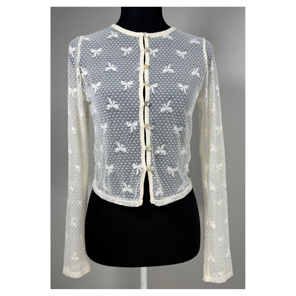 Lace Cardigan Women's M FITS SMALL Sheer Bow Pattern Coquette Fairycore Dainty